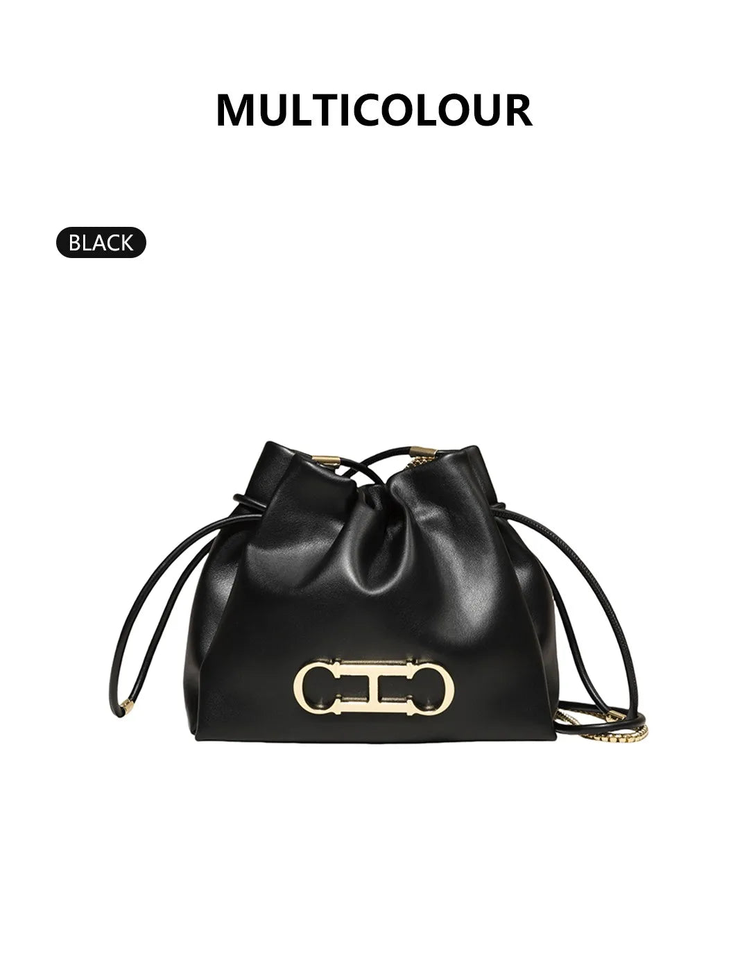 Elegant Drawstring Bucket Bag 2026 Shoulder Handbag with Gold CH Logo Versatile Chain Strap Crossbody Purse for Ladies