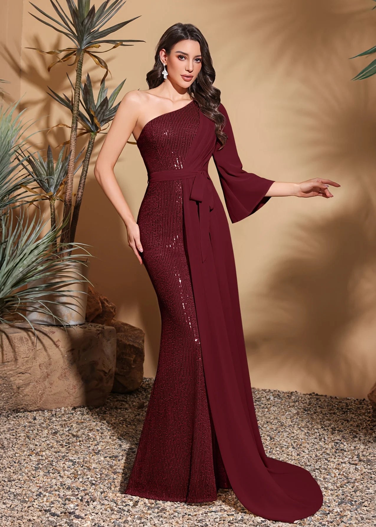 Sequined one-shoulder chiffon patchwork belt-decorated hip dress