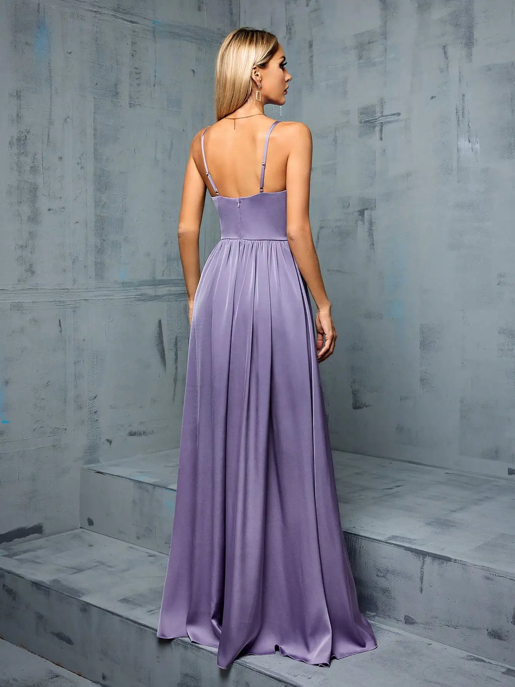 MGIACY V-neck halter-style irregularly pleated satin fabric slit dress with wide skirt for bridesmaids