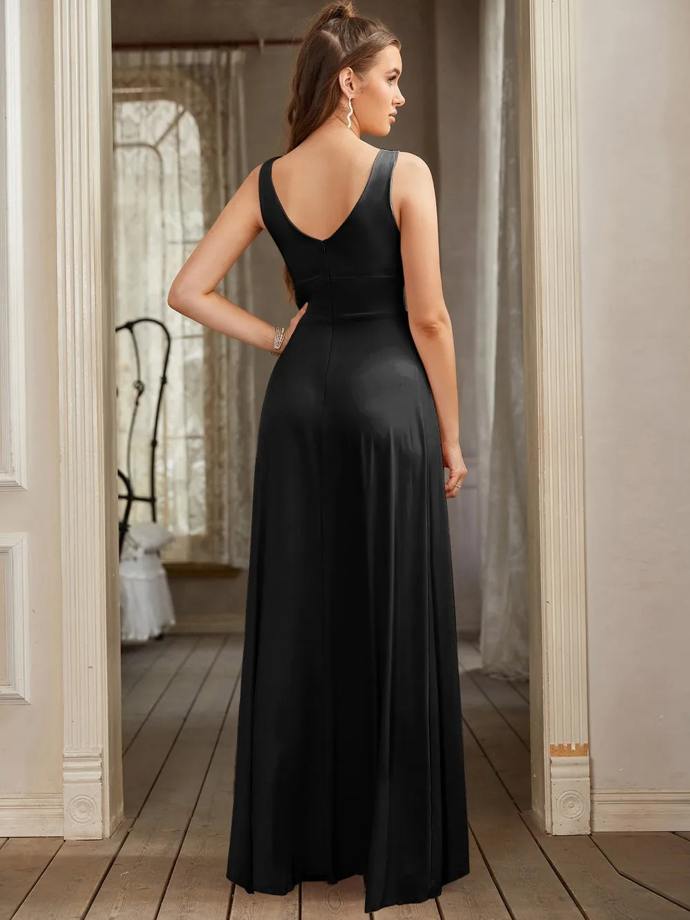 Prom Dresses Split V Neck Bridesmaid Dress Elegant Women Wedding Party A Line Formal Dress Sleeveless Floor Length Birthday Gown