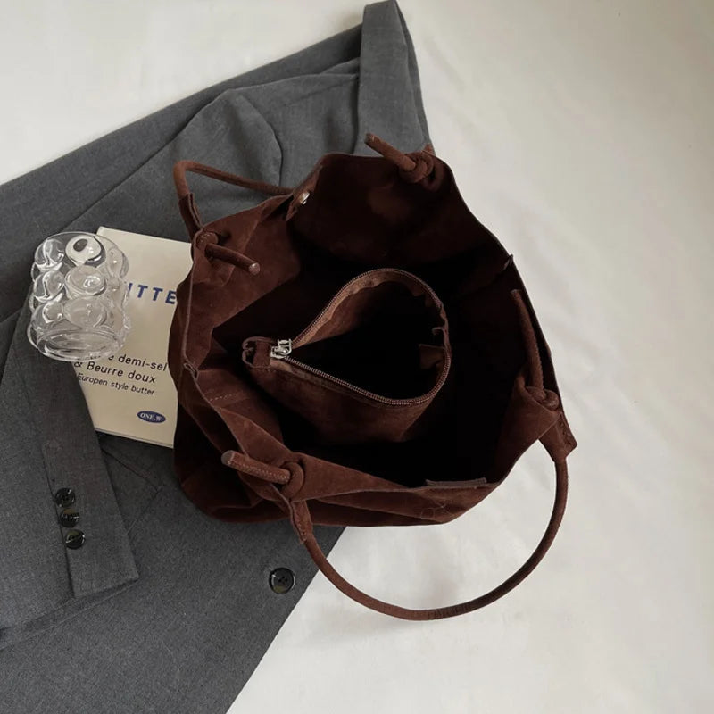 Retro Women's Suede Shoulder Bag New Solid Colors High Capacity Casual Tote Zippered Versatile Sewing Thread for Crafting