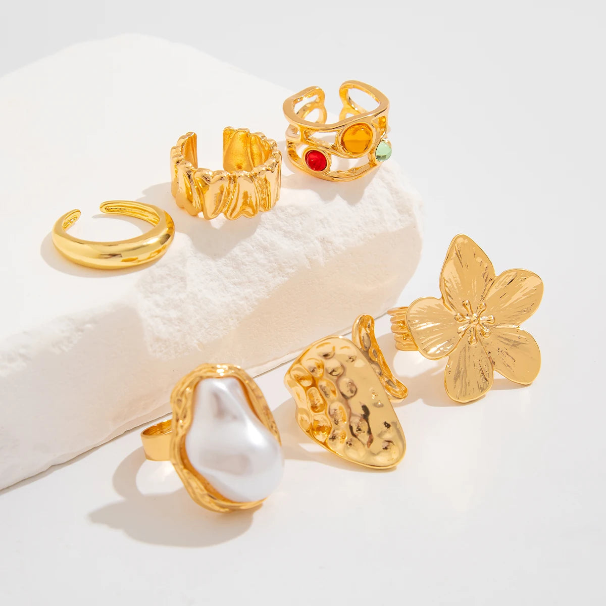 KunJoe 6 Pcs Elegant Crystal Imitation Pearl Open Rings Set for Women Smooth Metal Gold Color Flower Chunky Ring Jewelry Gift