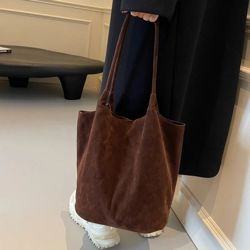 Retro Women's Suede Shoulder Bag New Solid Colors High Capacity Casual Tote Zippered Versatile Sewing Thread for Crafting