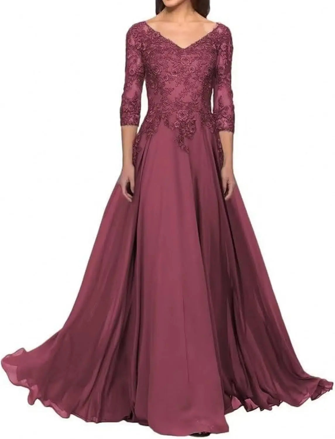 Elegant V Neck Lace Applique 3/4 Sleeve Mother of The Bride Dresses Chiffon A-Line Formal Evening Party Gowns