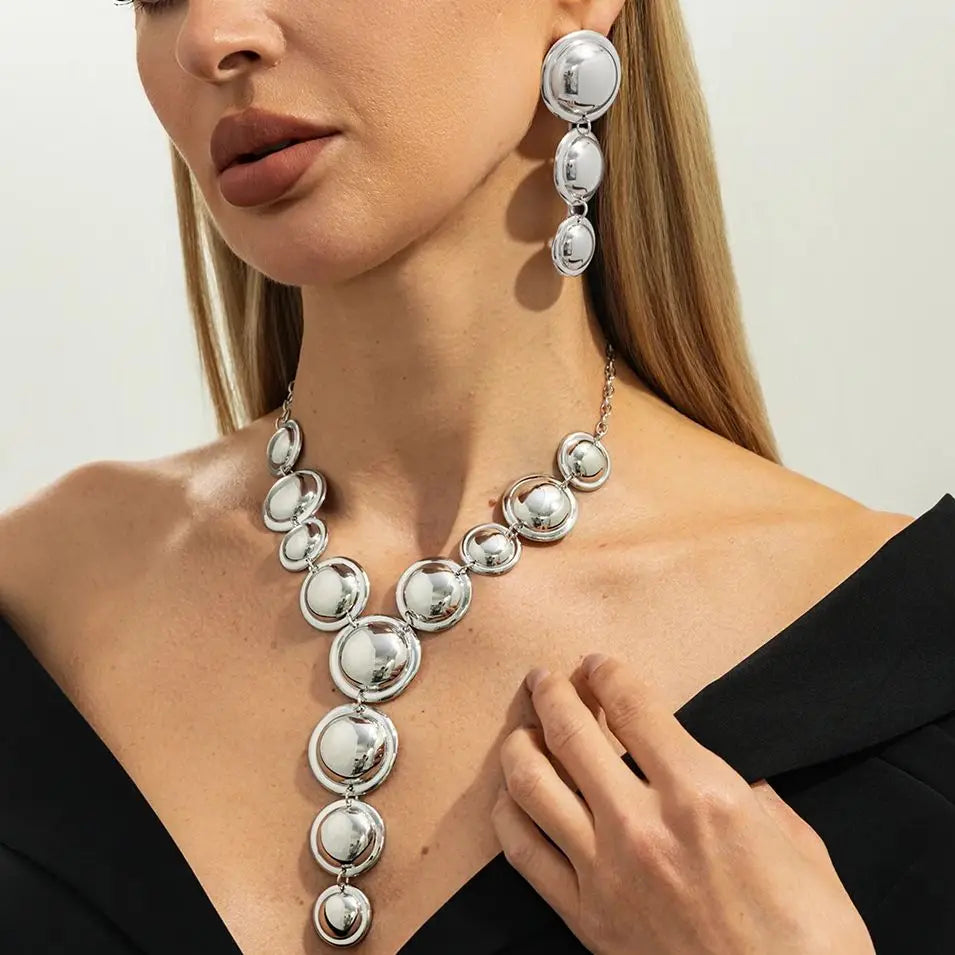 Salircon Women Punk Metal Y-Shaped Chain Jewelry Set Exaggerated Geometric Smooth Circular Spliced Long Necklace And Earrings