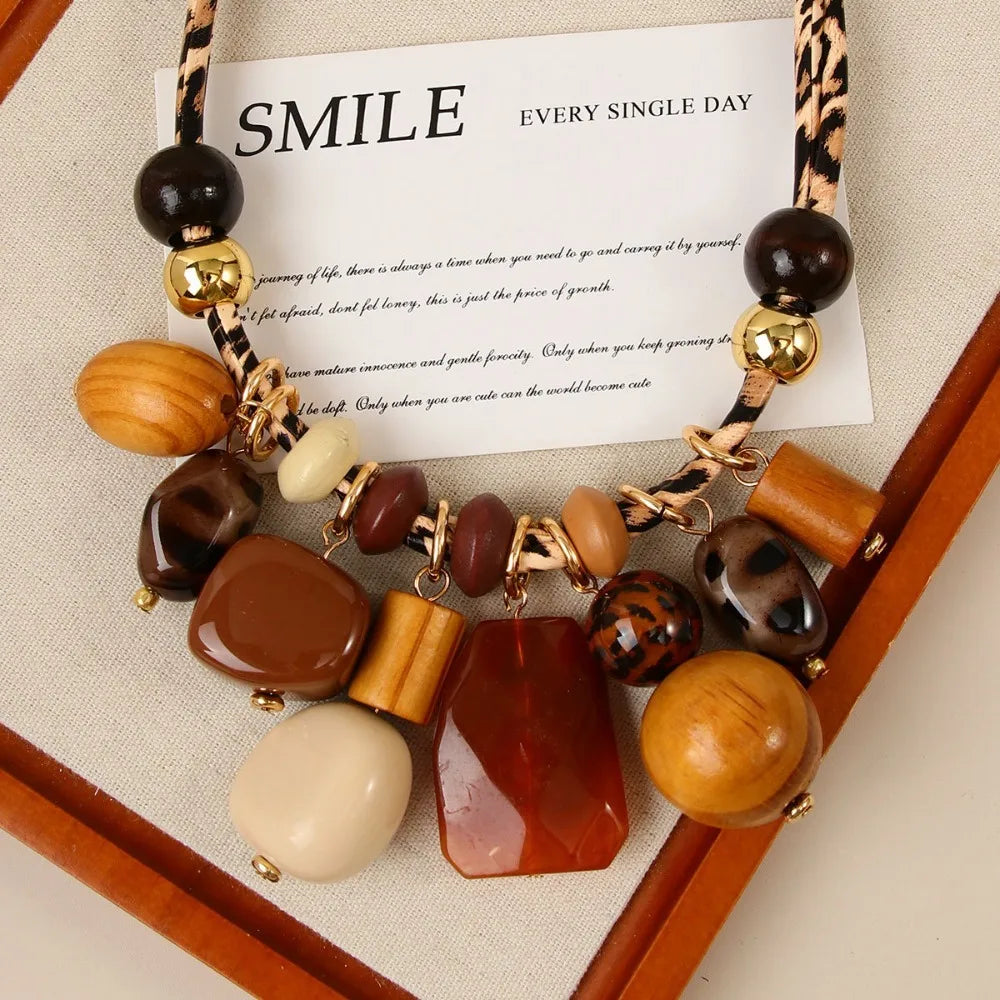Boho Leopard Print Resin Bead Statement Necklace, Earth Tone Fashion Jewelry for Women, Vacation & Daily Wear Accessory