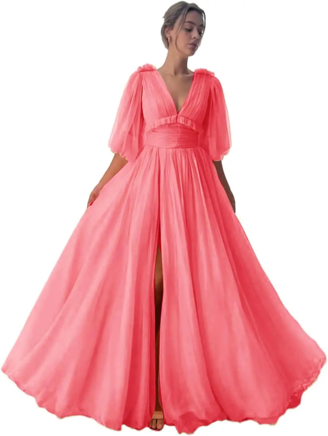 Long Slit Ball Gowns Formal Dresses for Women Evening Party Gown Formal Dress Women Elegant Puffy Sleeve Tulle Prom Dresses 2026