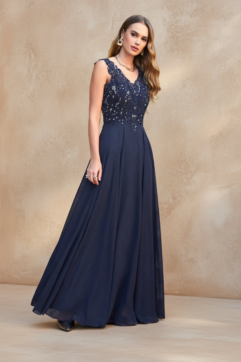 Navy Blue Chiffon Lace Beaded Evening Dresses V Neck Crystal Sleeveless Elegant Formal Party Prom Gowns Vestido De Fiesta Bride