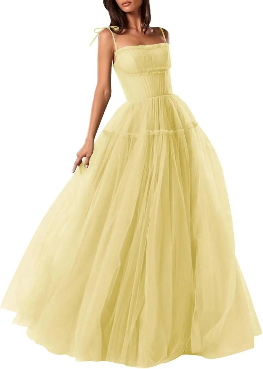 Women's Tulle Prom Dresses Spaghetti Straps Bridesmaid Dresses Long A Line Foraml Evening Party Gowns Tiered Fluffy Skirt Dress