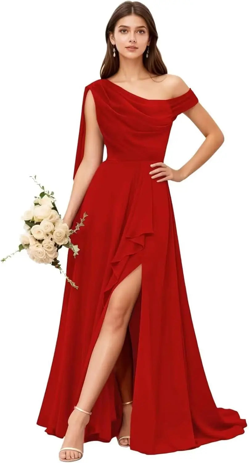 Chiffon One Shoulder Bridesmaid Dresses for Women with Pleated Ruffles A Line Long Formal Dress with Slit