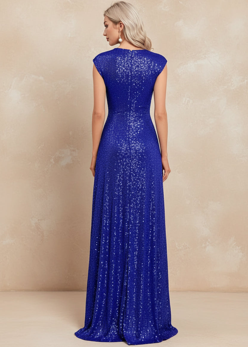 Women Elegant V-neck Mermaid Evening Dress Floor Length Formal Blue Prom Party Gown Sequins Sleeveless Vestidos