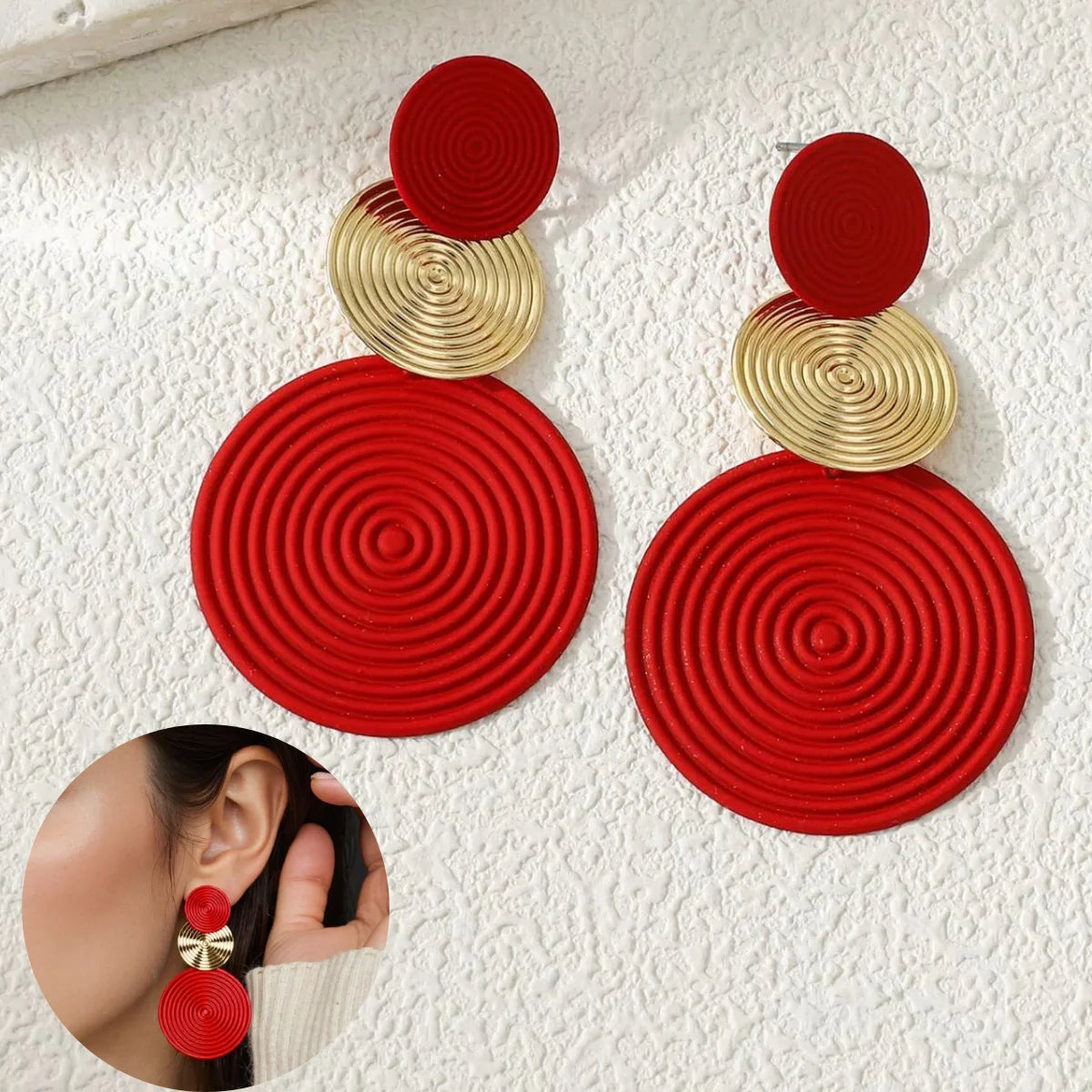 Trendy Stylish Dangle Earrings Trio Circle Design Daily Outfits Party Accessories Fashionable Stuff RED Orange Big Earrings