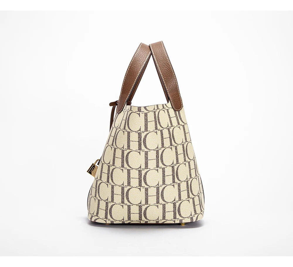 CH Tote Bag For Women Luxury Monogram Leather Handbag Fashion Top Handle Bag Elegant Lock Bucket Bag For Daily Commute