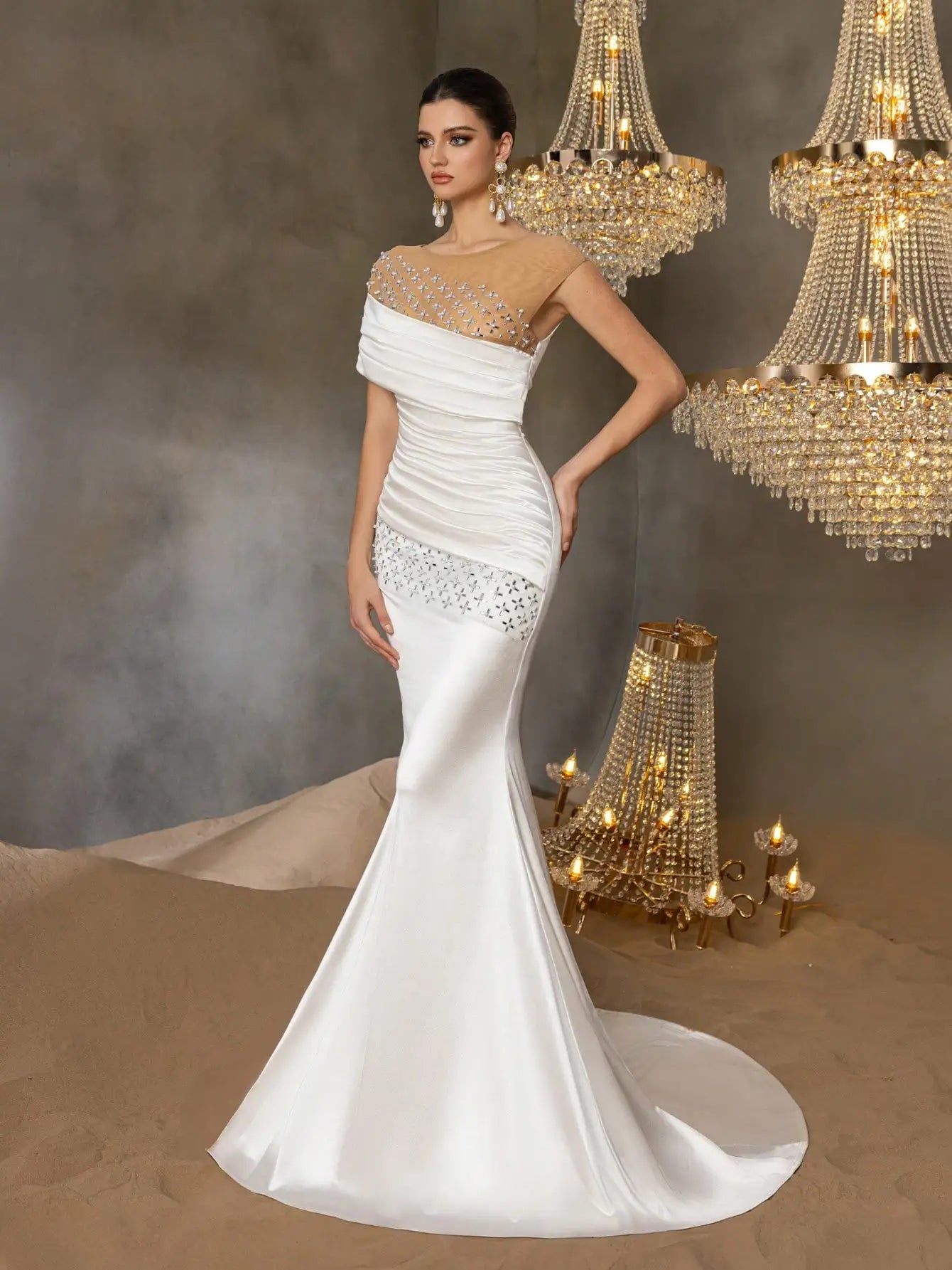 Elegant rhinestone-detailed pleated front panel beaded mesh and satin wedding dress