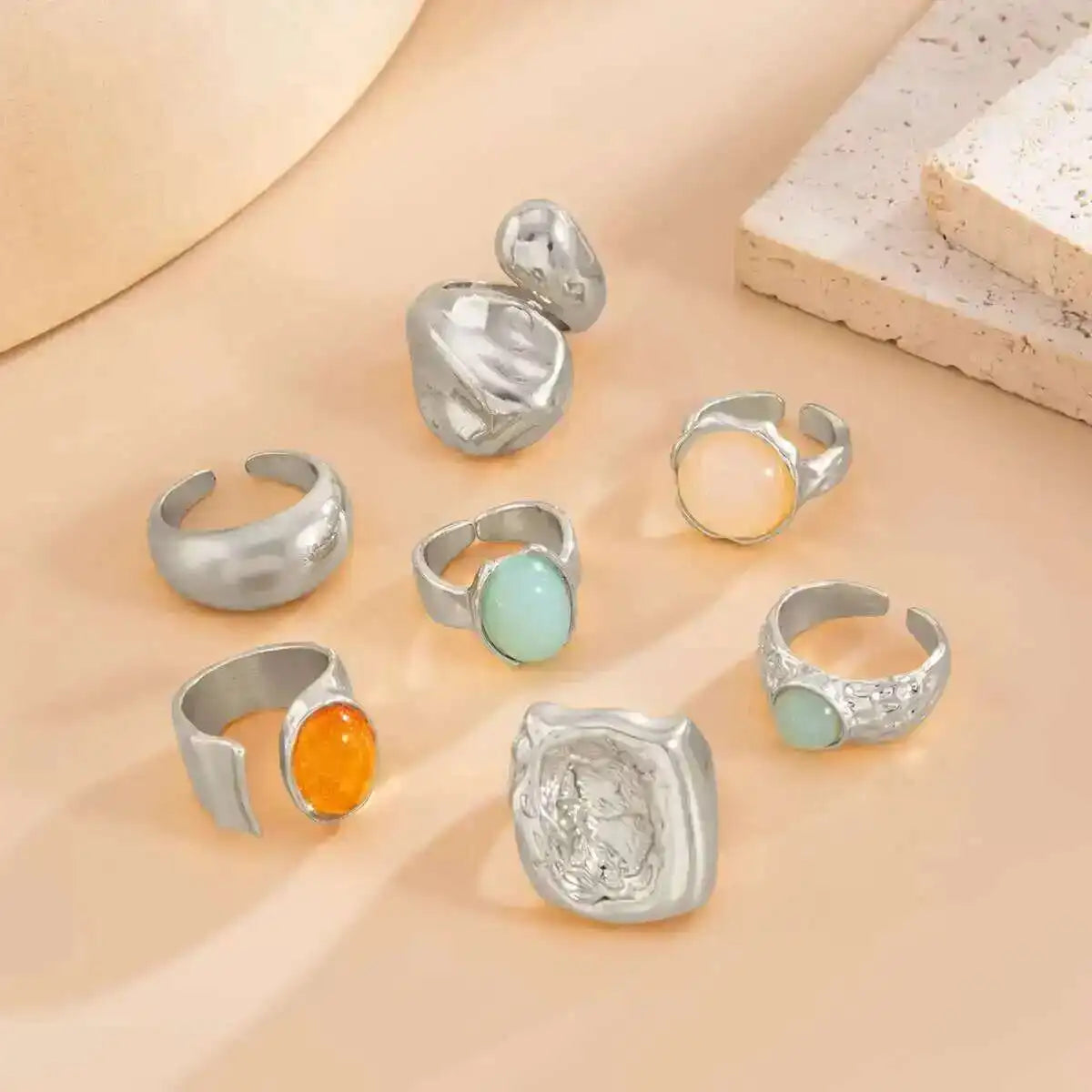 Salircon 7Pcs/Set Trendy Colorful Crystal Open Rings for Women Luxury Chunky Finger Rings Fashion Banquet Jewelry Accessories