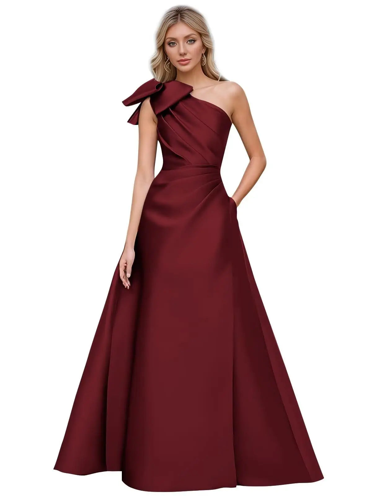 Women’s One Shoulder Prom Dresses Satin Mother of The Bride Dresses A Line Modest Formal Evening Gown with Bow