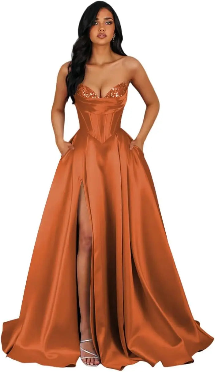 Strapless Sequin Prom Dresses Long with Slit Satin Formal Party Dress