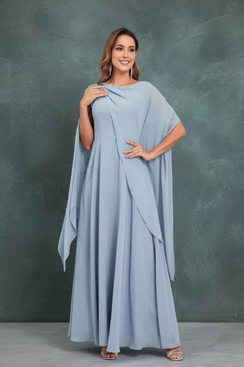 Scoop Neck Mother of The Bride Dresses Cape Shawl Ruffle Long Formal Evening Gowns Chiffon A Line Wedding Guest Bridesmaid Dress