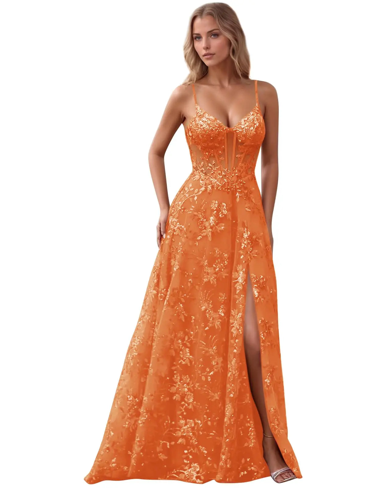 Spaghetti Strap Tulle Appliques Prom Dresses with Slit V Neck Sequin Evening Gown Women Formal Pageant Dress Long Party Dresses