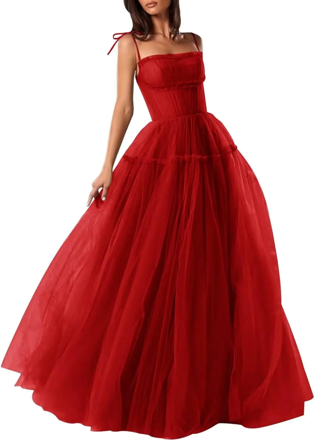Women's Tulle Prom Dresses Spaghetti Straps Bridesmaid Dresses Long A Line Foraml Evening Party Gowns Tiered Fluffy Skirt Dress