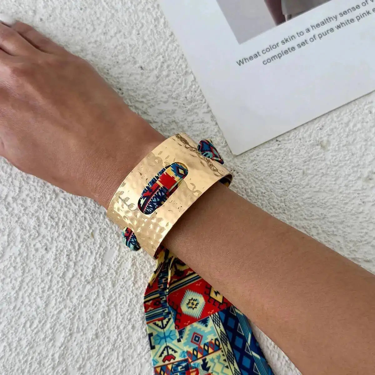 Salircon Creative Colorful Ethnic Style Wristband Metal Bracelet Women Classic Pleated Scarf Wrapped Open Bangles Jewelry 2026