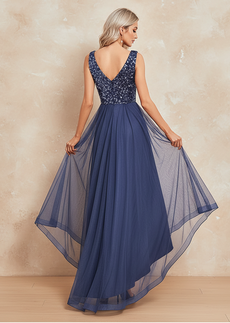 Elegant Women Sleeveless Sequins V-Back Floor Length Formal Evening Dresses Luxury V-neck Wedding Party Cocktail Gowns