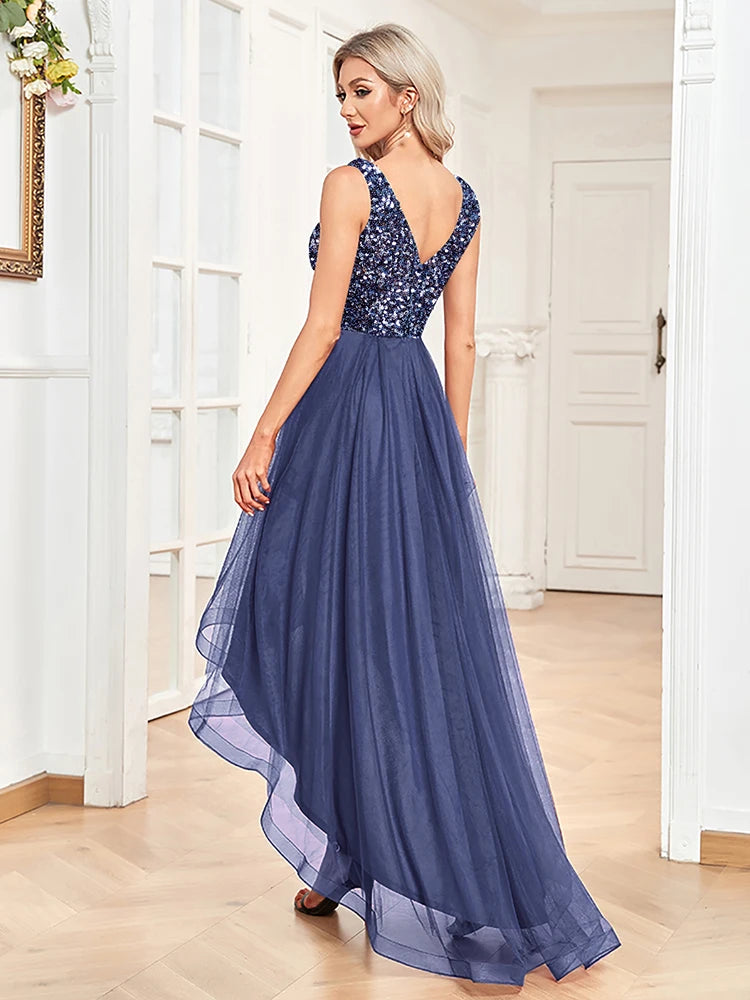 Elegant Women Sleeveless Sequins V-Back Floor Length Formal Evening Dresses Luxury V-neck Wedding Party Cocktail Gowns