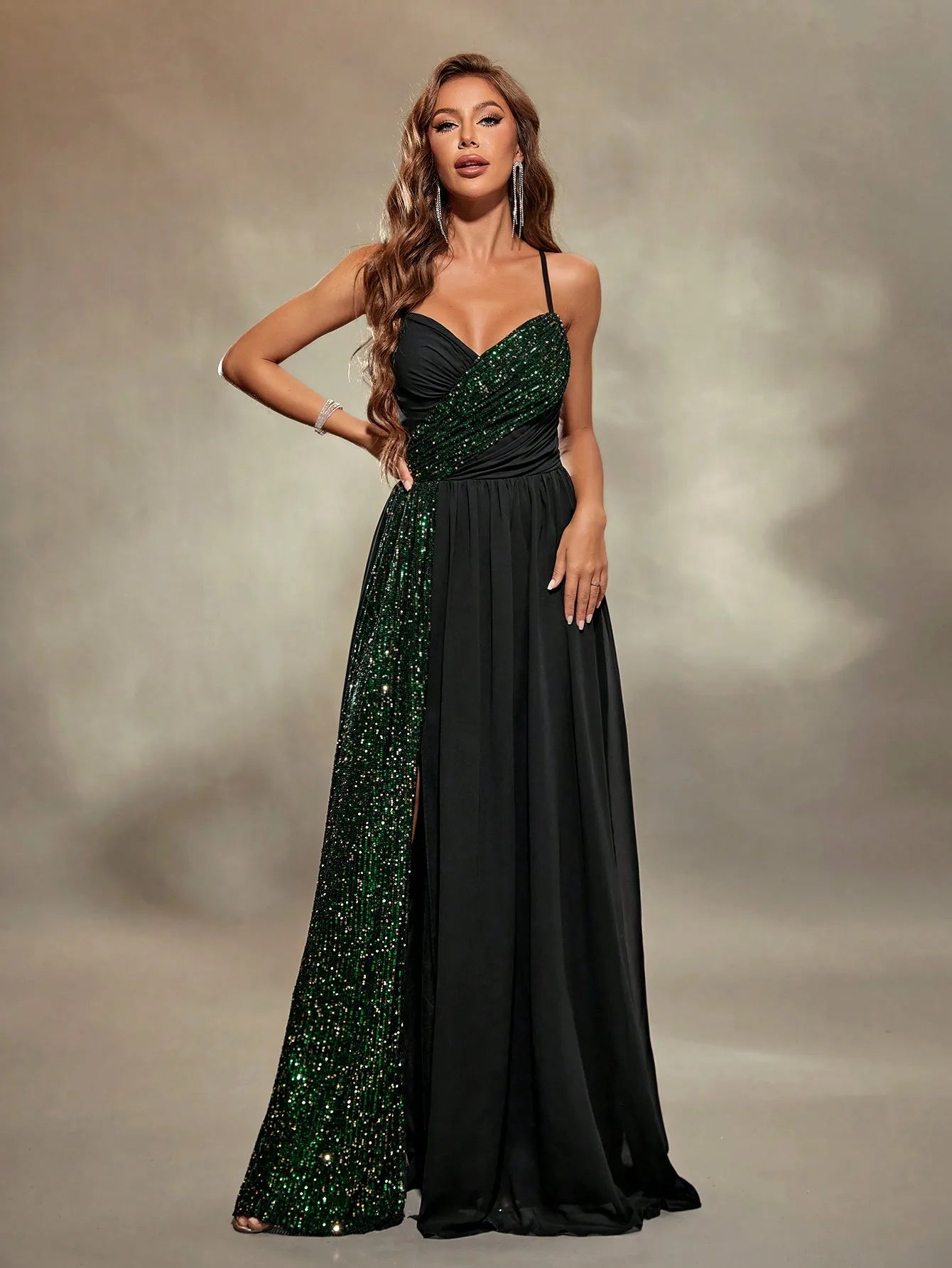 Mgiacy Sweetheart collar skinny strap chest pleat chiffon splicing sequin slit A full skirt Evening gown Ball dress Party dress