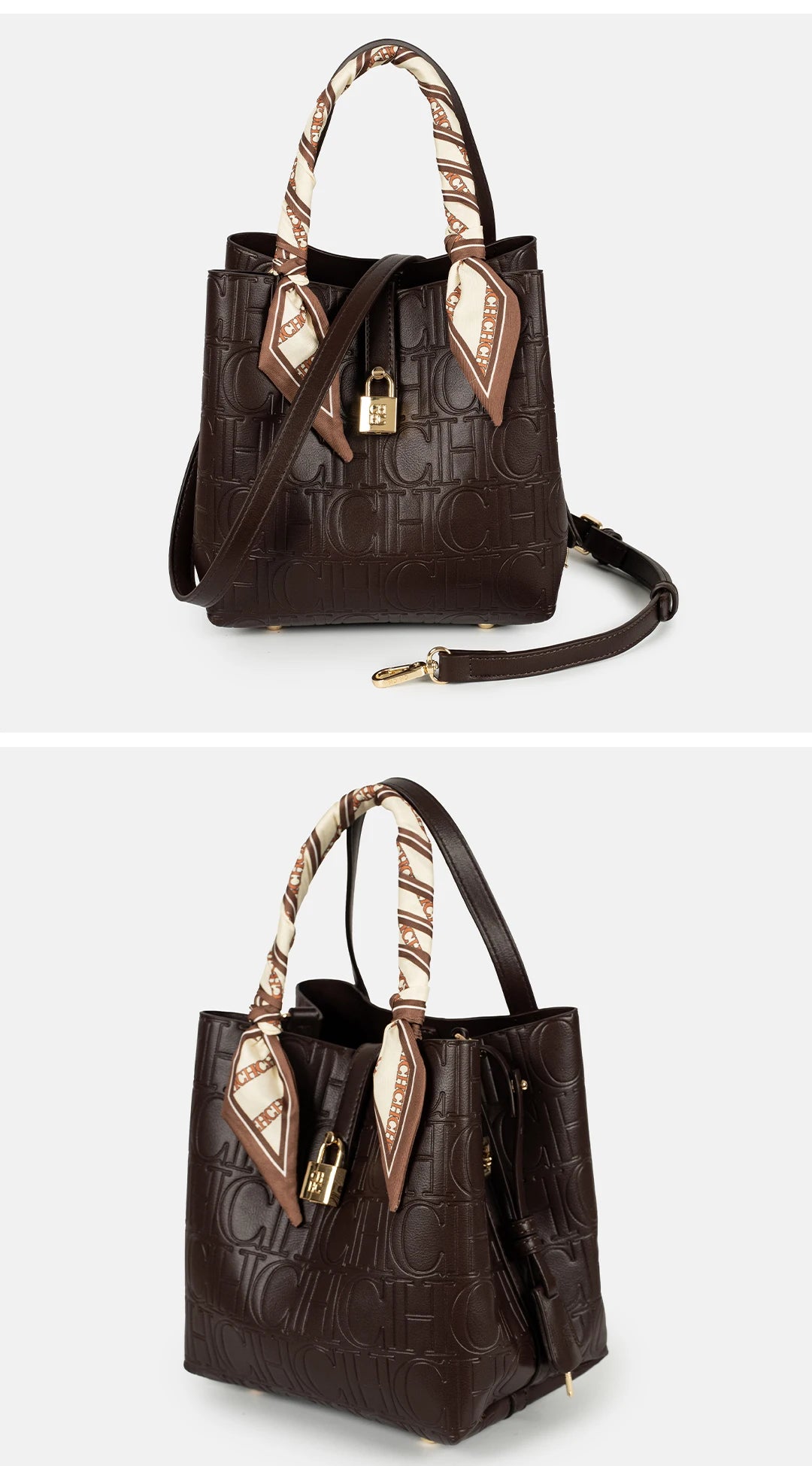 CH Womens Embossed Leather Bucket Bag with Silk Scarf Lock Decor Luxury Designer Handbag Large Capacity Crossbody Tote
