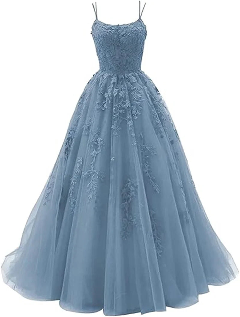 Tulle Spaghetti Straps Prom Dresses Long Lace Appliques Ball Gowns for Women