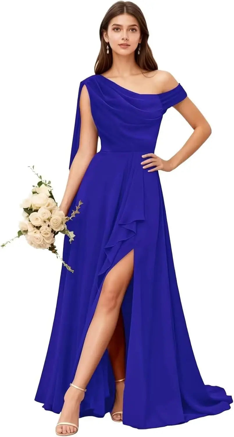 Chiffon One Shoulder Bridesmaid Dresses for Women with Pleated Ruffles A Line Long Formal Dress with Slit