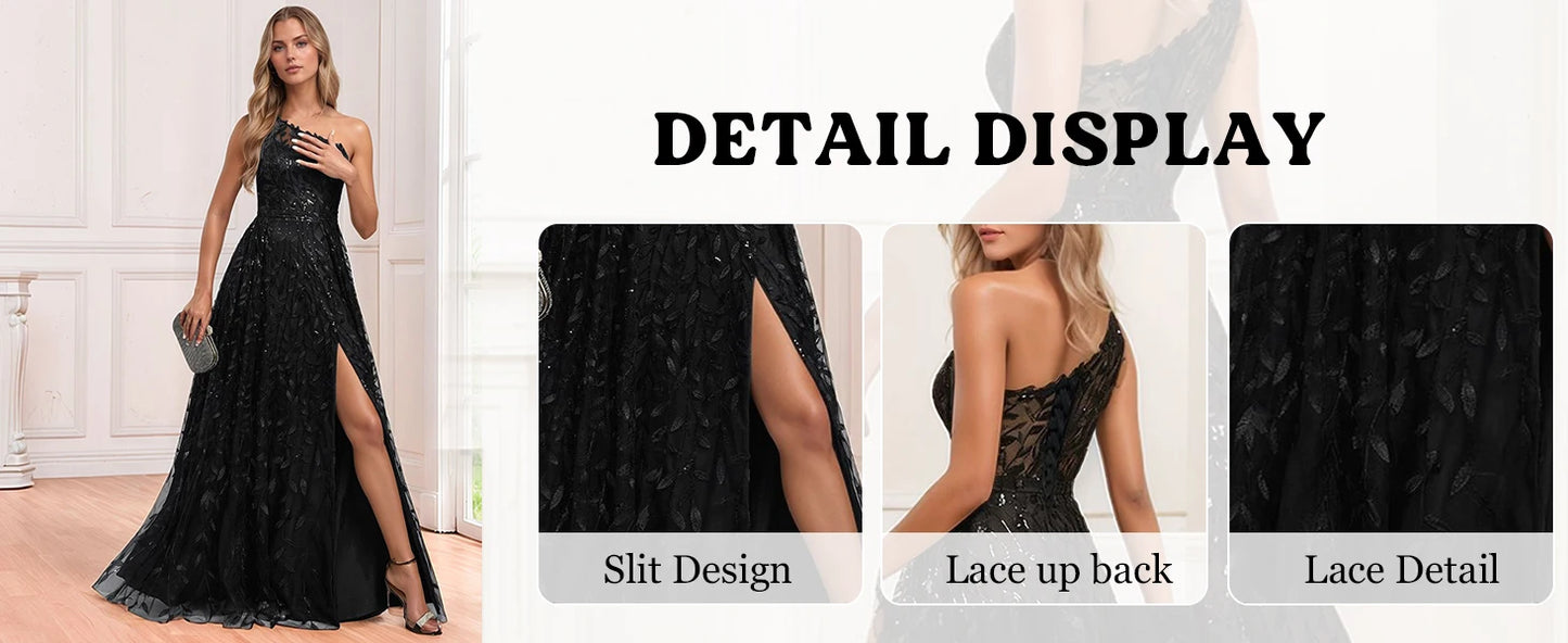 Lace Embroidered sequins Prom Dresses for Women One Shoulder Formal Party Dress Sleeveless Maxi Evening Gown with Slit