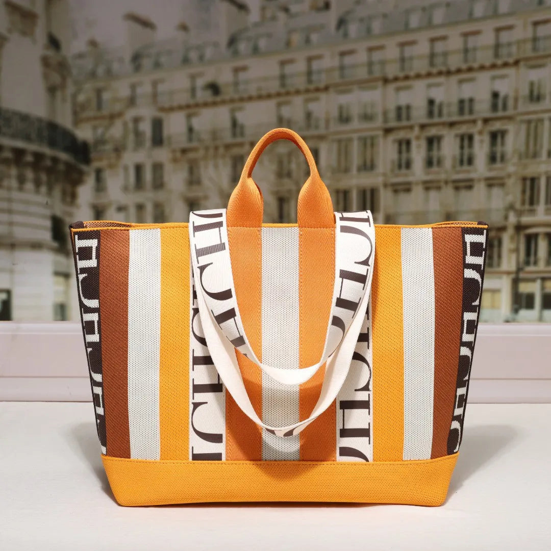 Women's Tote Bag Simple Stripe Design Women's Shoulder Bag Letter Print Large Capacity Commuter Style Classic Ladies Crossbod