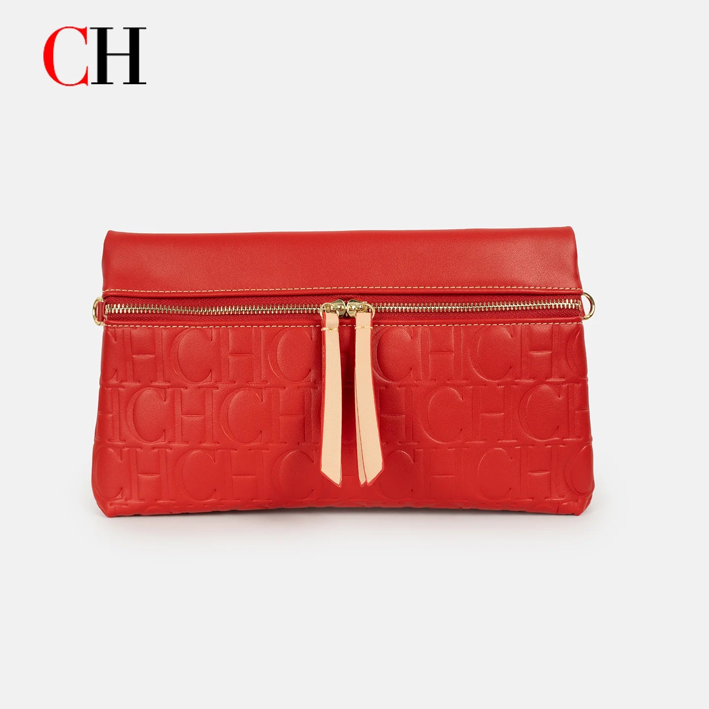 CH Vintage Red PU Leather Crossbody Bag Embossed CH Letter Double Zipper Shoulder Handbag For Retro Outfits