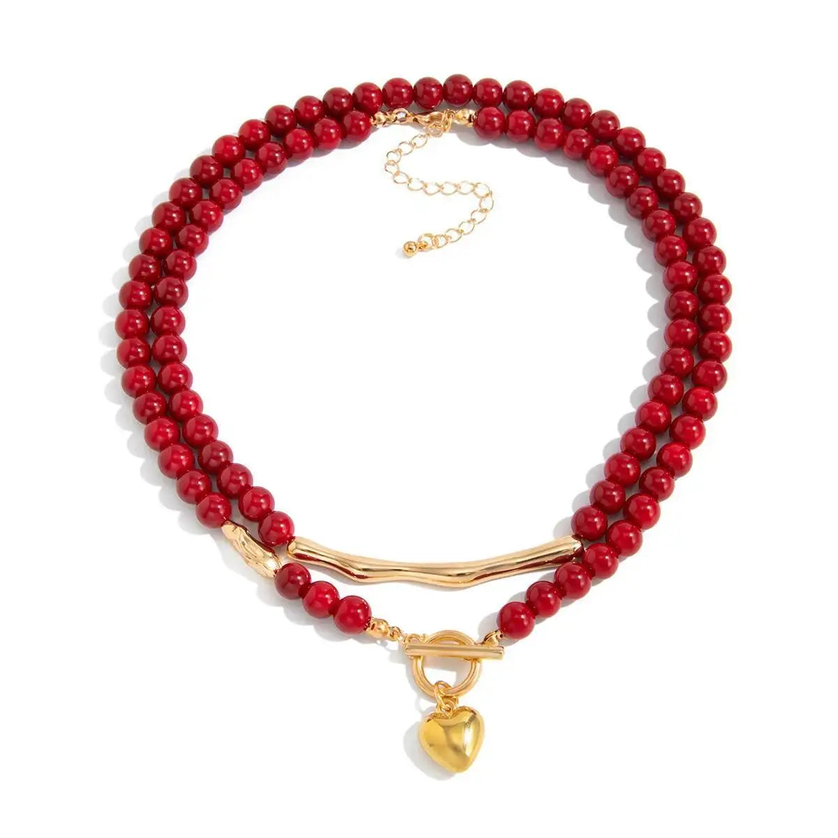 KunJoe Vintage Red Acrylic Beaded Choker Necklace for Women Trendy Stacked Love Heart Pendant Necklace New Year Jewelry Gifts