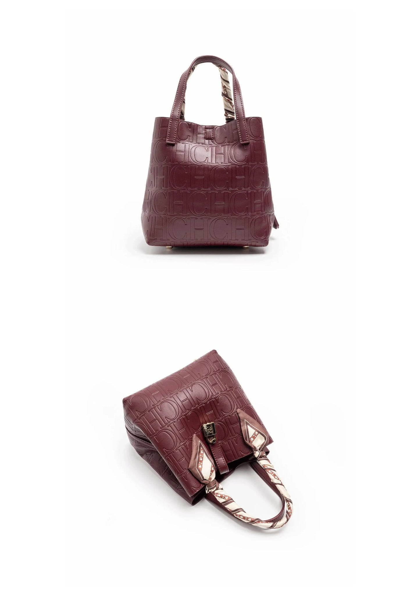 CH New Tote Bag Embossed Logo Silk Scarf Decor Lock Buckle Burgundy Fashion Women Casual Daily Handbag