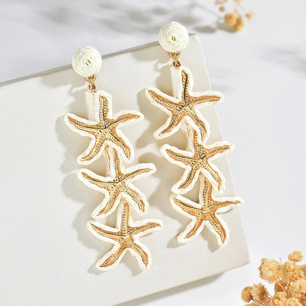 Women Handmade Rainbow Straw Triple Starfish Earrings Color Block Raffia Ball Stud Long Sea Star Dangling Earrings Bohemian Seas