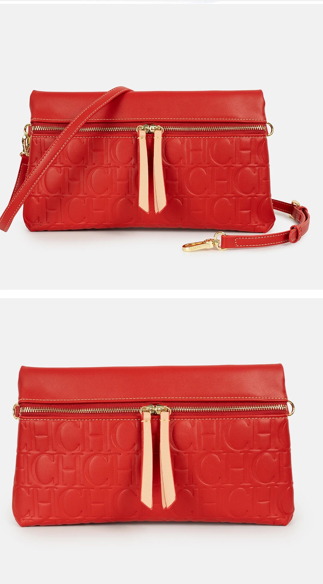 CH Vintage Red PU Leather Crossbody Bag Embossed CH Letter Double Zipper Shoulder Handbag For Retro Outfits
