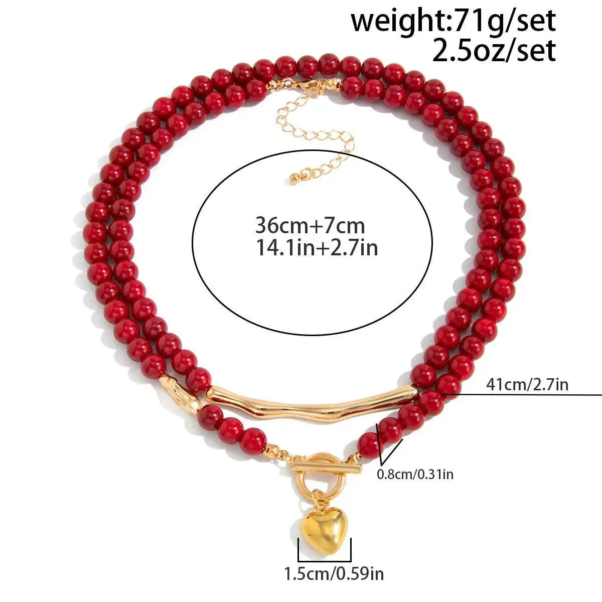 KunJoe Vintage Red Acrylic Beaded Choker Necklace for Women Trendy Stacked Love Heart Pendant Necklace New Year Jewelry Gifts