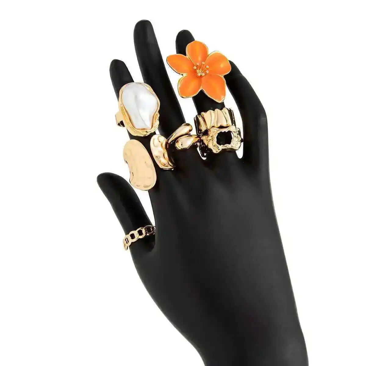 KunJoe 7Pcs/Set Imitation Pearl White Flower Open Ring for Women Trendy Geometry Water Drop Adjustable Finger Ring Jewelry Gift