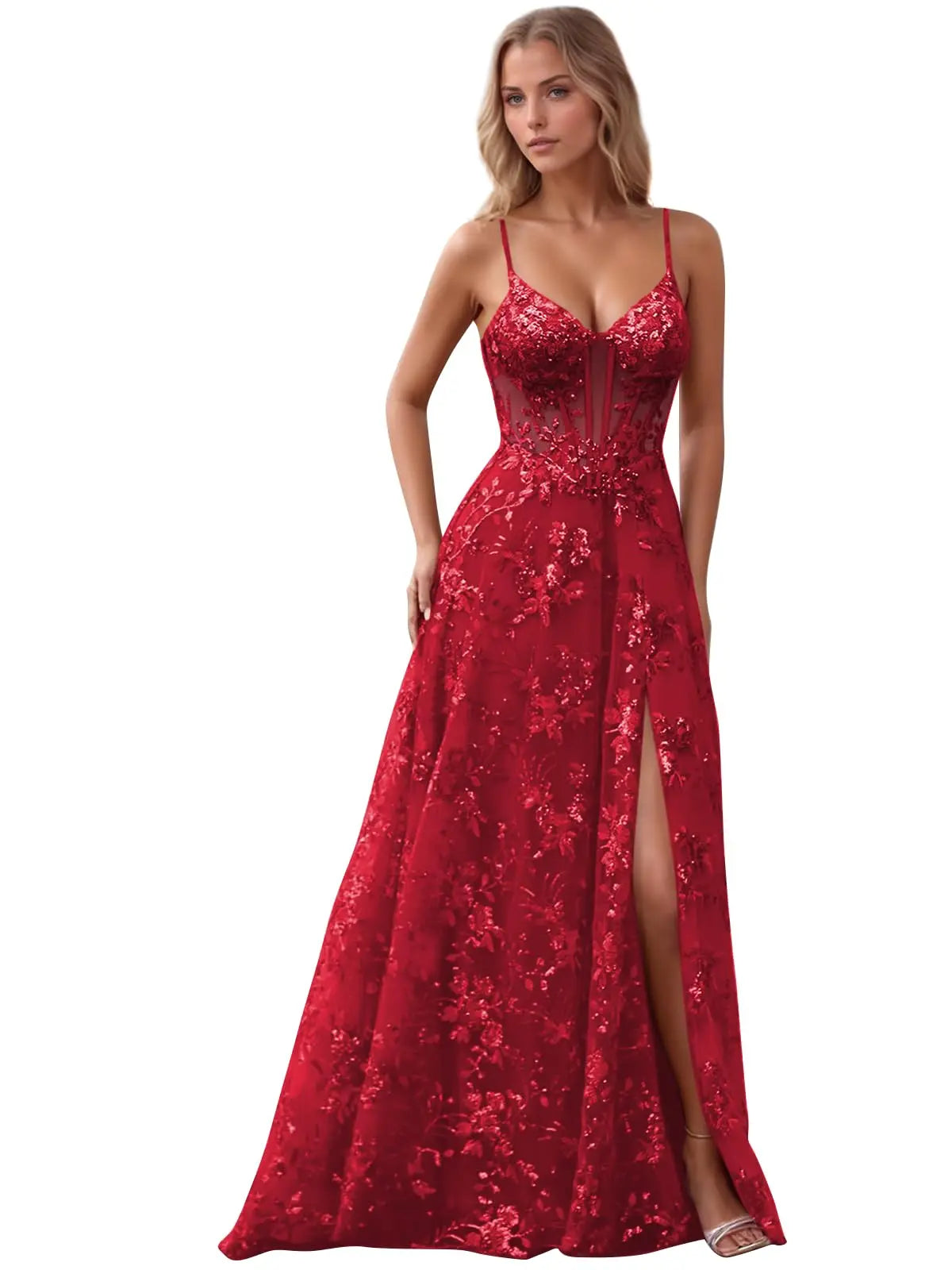 Spaghetti Strap Tulle Appliques Prom Dresses with Slit V Neck Sequin Evening Gown Women Formal Pageant Dress Long Party Dresses