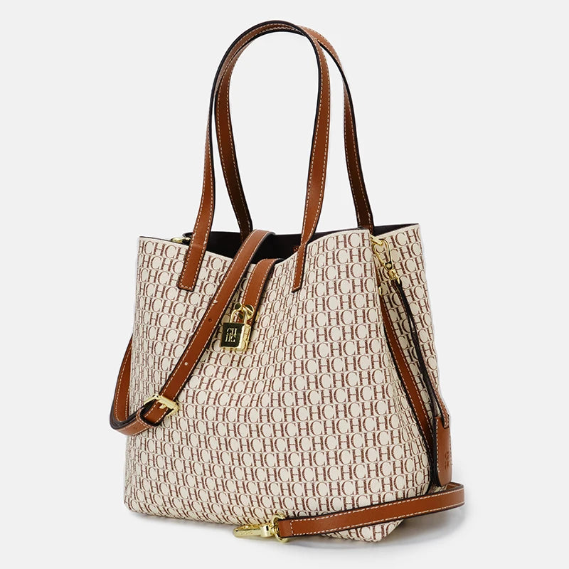 CH Women's Shoulder Bag Simple Large Capacity Letters Print Design Small Metal Accessories Daily Commuter Tote Bag Pure Color