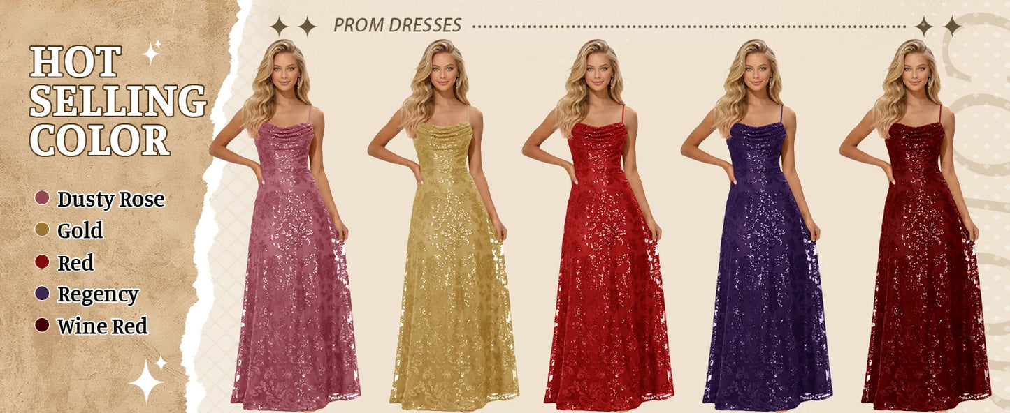 Lace Sequin Long Prom Dresses for Women 2026 Sparkly Pleated A Line Formal Evening Ball Gown Women Elegant Party Dresses