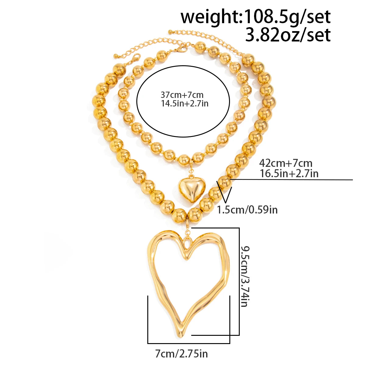 Salircon 2Pcs/Set Exaggerated Hollowout Large Heart Pendant Necklace for Women Punk CCB Beaded Choker Chain Party Jewelry Gifts