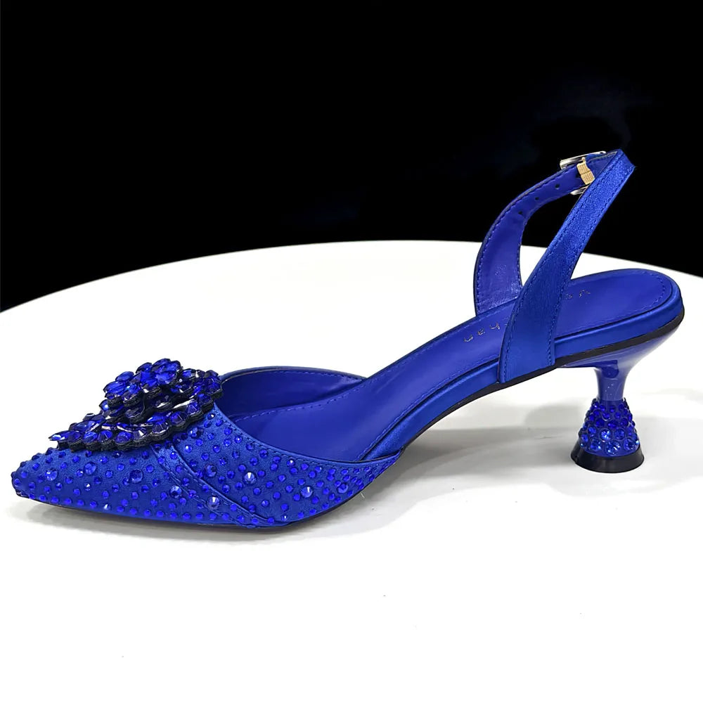 Venus Chan Blue Color Rhinestone Comfortable high heel shoe And Bag Fashion Style Pointed-Toe Shoes For Women Or Commuting Shoes