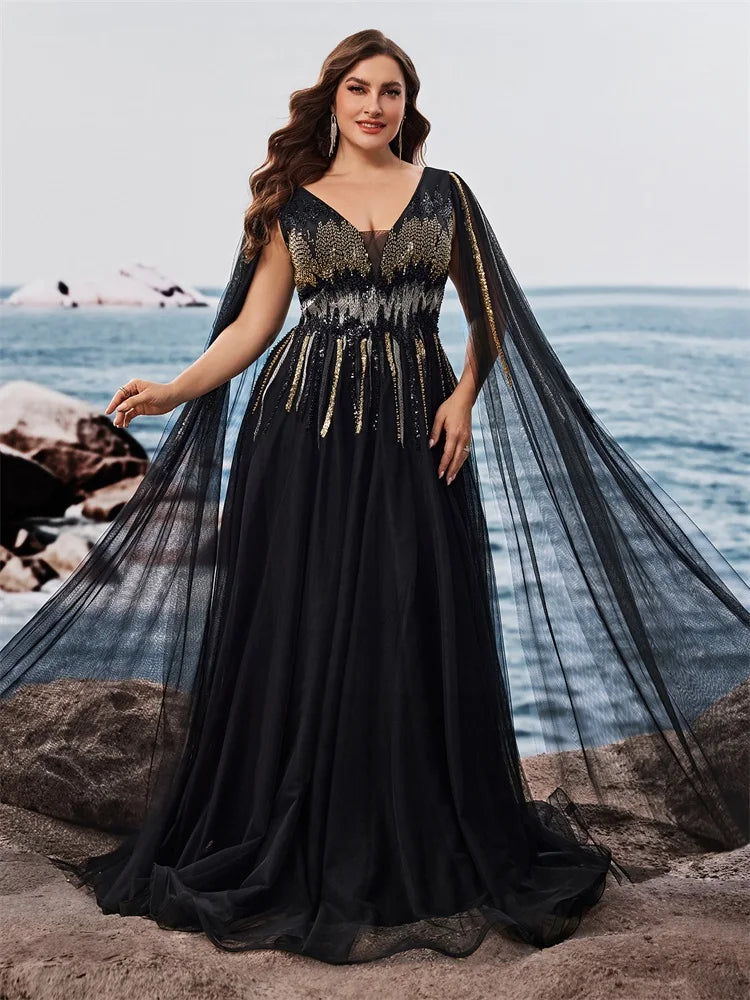 Plus Size Luxury Floor-standing sleeves Sequins Evening Dresses Women V-neck Formal Wedding Party Cocktail Gowns Vestidos