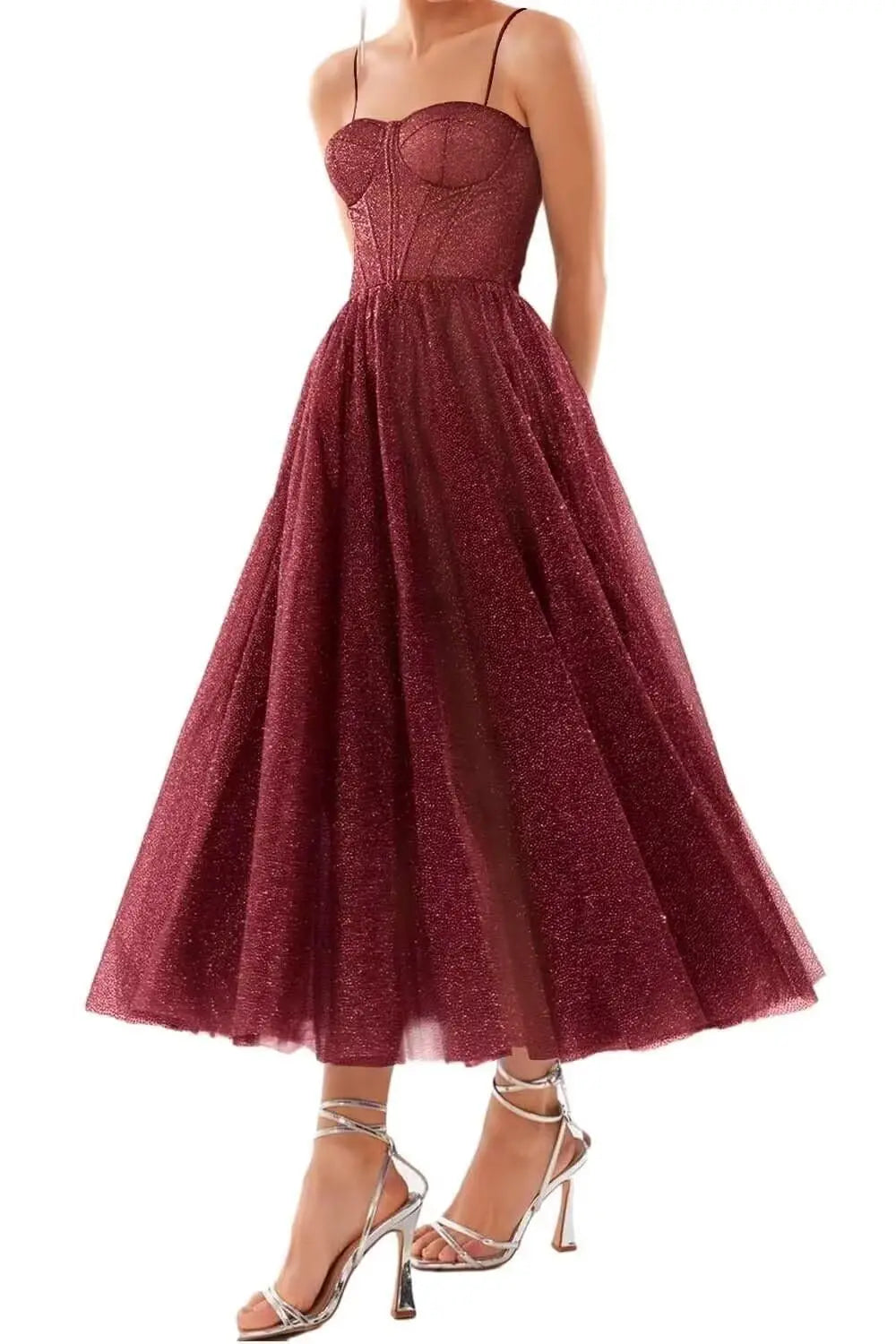 A Line Glitter Tea Length Formal Evening Cocktail Party Dresses for Women, Sequined Spaghetti Midi Corset Prom Gowns Cocktail