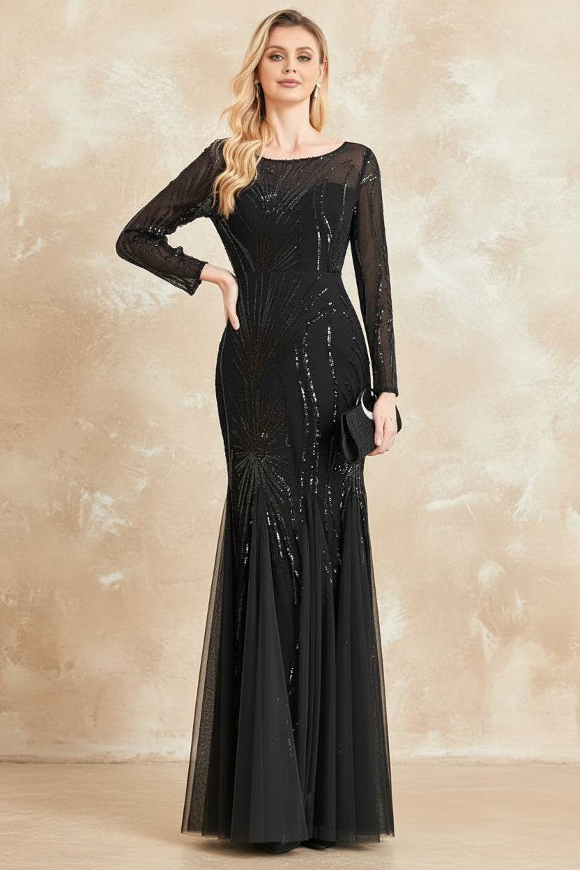 Elegant Long Sleeves Black Sequins Evening Dresses 2025 Women Mermaid Formal Party Maxi Prom Dress Cocktail Graduation Gowns
