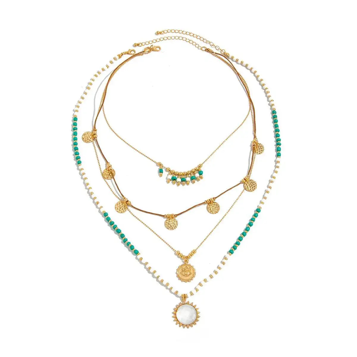 Salircon 2Pcs/set Boho Ethnic Green White Rice Bead Layered Necklace for Women Vintage Sun Metal Eye Pendant Necklace Jewelry