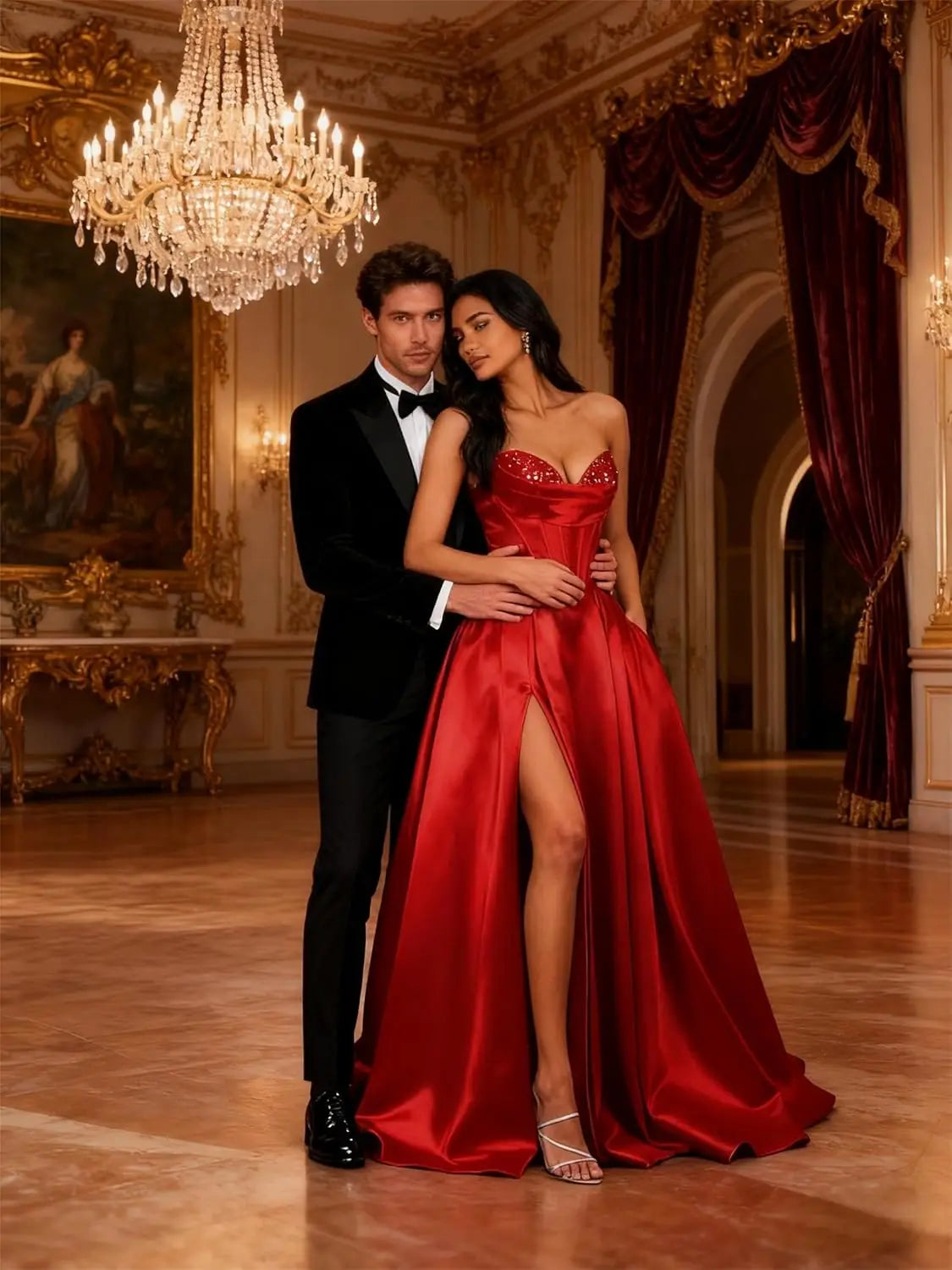 Strapless Sequin Prom Dresses Long with Slit Satin Formal Party Dress